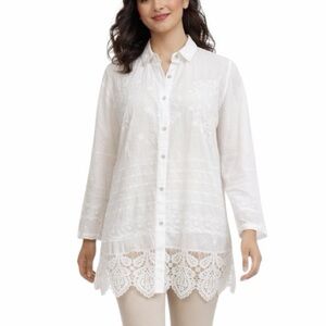LOGO Lavish White Embroidered Lace Hem Button Front Blouse Women’s Size XL